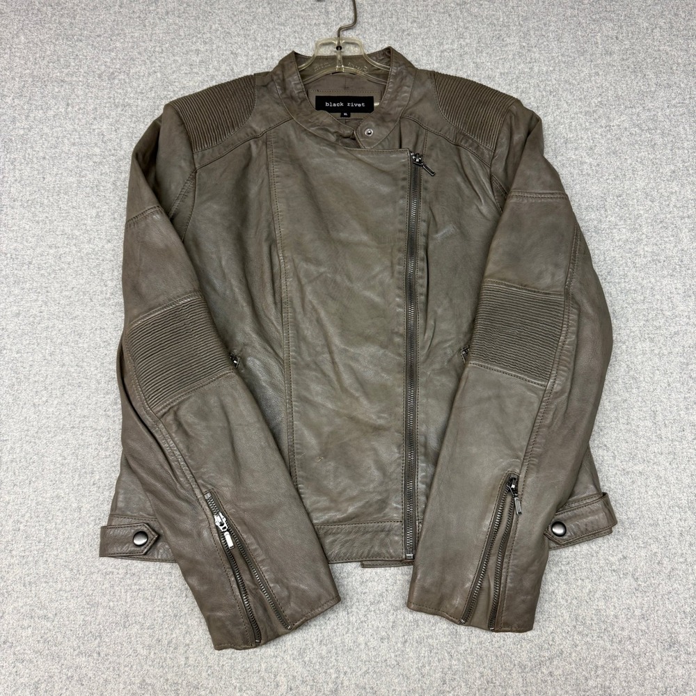 Black Rivet Leather Moto Jacket XL Taupe Gray Quilted BikerAsymmetrical Zip Coat